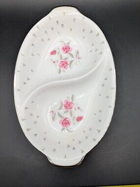 Vtg Sango Fine China Divided Serving Bowl Arcadia Pink Roses Floral Japan 11.5"